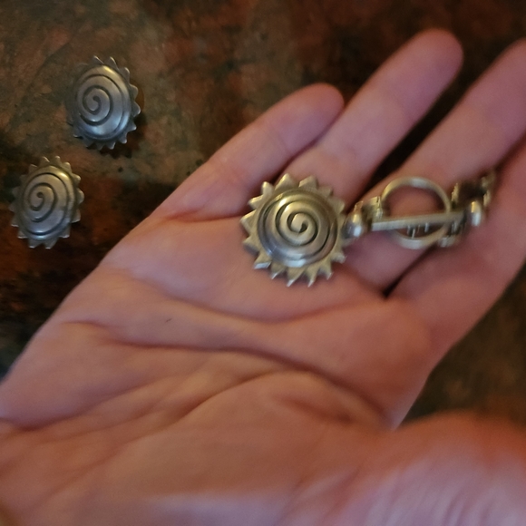 Heavy Navajo Begay Sterling Silver Choker Pendant Necklace Earrings Swirl Sun - Picture 5 of 9